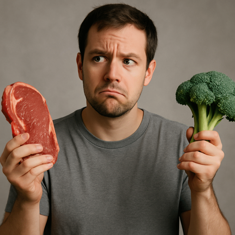 Person looking confused while holding a steak in one hand and a head of broccoli in the other, symbolizing the choice between protein and fiber for satiety and metabolic health.