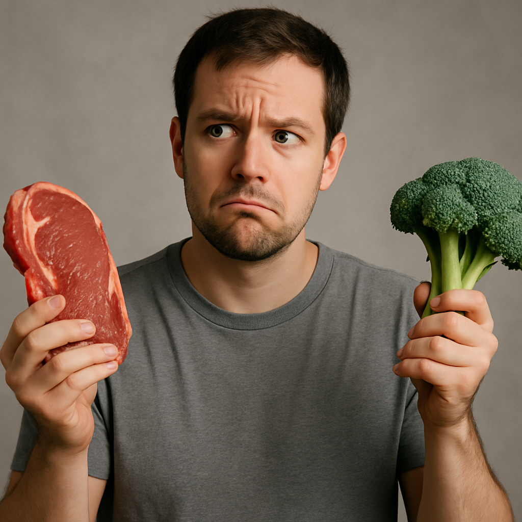 Person looking confused while holding a steak in one hand and a head of broccoli in the other, symbolizing the choice between protein and fiber for satiety and metabolic health.